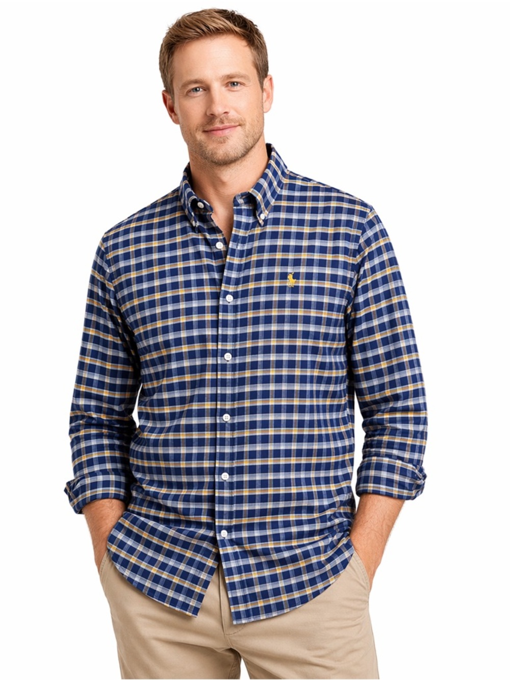 Brooks Brothers XL Slim Fit Plaid Shirt Blue Yellow Non Iron Supima Cotton Mens